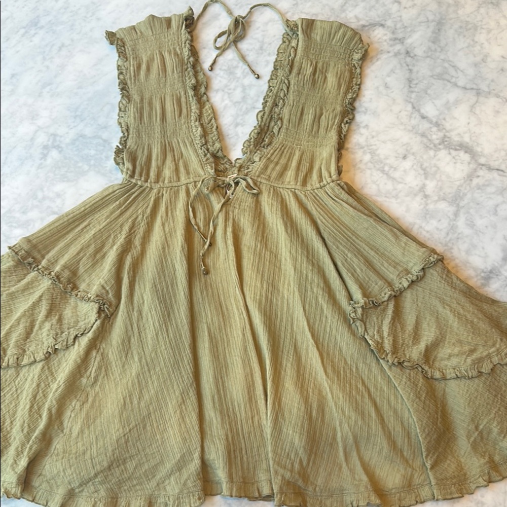 Free People Boho Olive Green Dress with Ruffle Details XS
